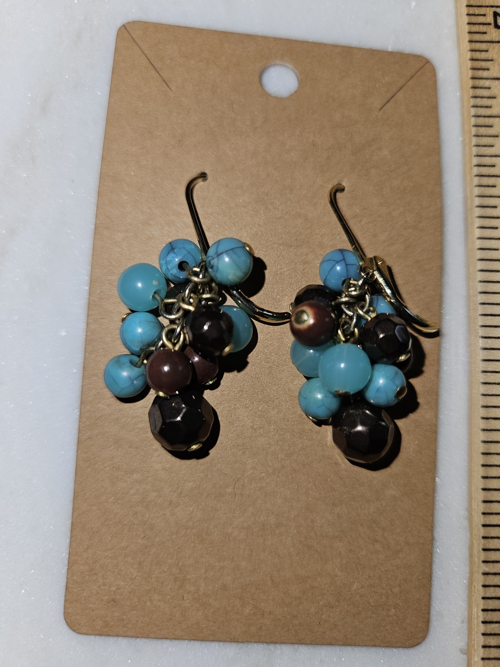 Cluster Bead Drop Earrings - Turquoise & Brown -